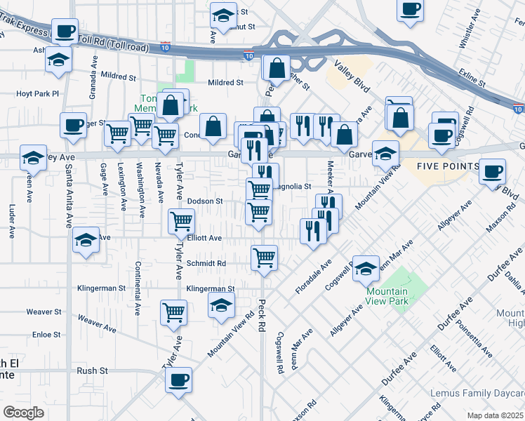 map of restaurants, bars, coffee shops, grocery stores, and more near 2710 Peck Road in El Monte