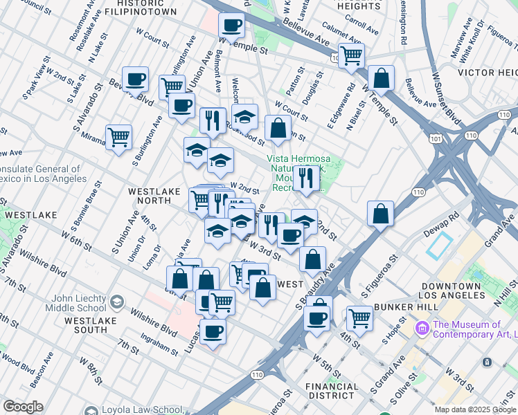 map of restaurants, bars, coffee shops, grocery stores, and more near 202 Lucas Avenue in Los Angeles