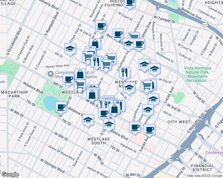 map of restaurants, bars, coffee shops, grocery stores, and more near 326 South Burlington Avenue in Los Angeles