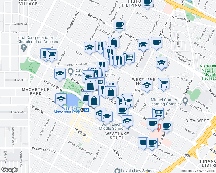 map of restaurants, bars, coffee shops, grocery stores, and more near 372 South Westlake Avenue in Los Angeles