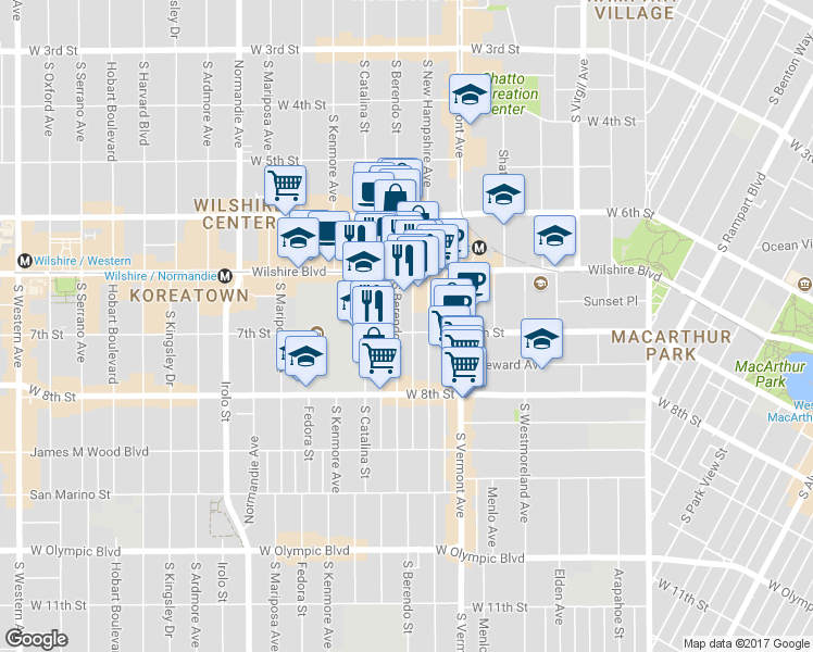 map of restaurants, bars, coffee shops, grocery stores, and more near 689 South Berendo Street in Los Angeles