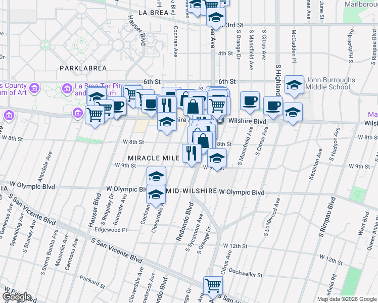 map of restaurants, bars, coffee shops, grocery stores, and more near in Los Angeles