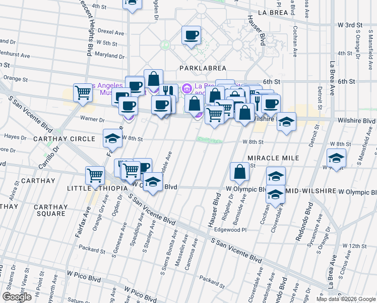 map of restaurants, bars, coffee shops, grocery stores, and more near 807 South Curson Avenue in Los Angeles