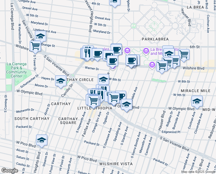 map of restaurants, bars, coffee shops, grocery stores, and more near 819 South Orange Grove Avenue in Los Angeles