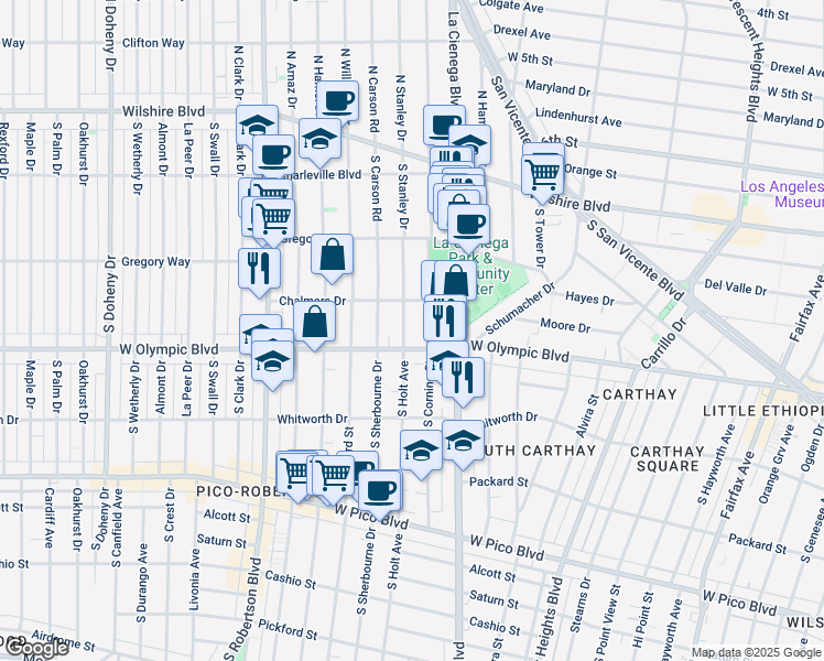 map of restaurants, bars, coffee shops, grocery stores, and more near 911 South Holt Avenue in Los Angeles