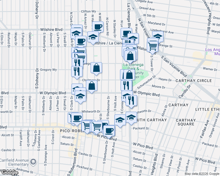 map of restaurants, bars, coffee shops, grocery stores, and more near 911 South Holt Avenue in Los Angeles