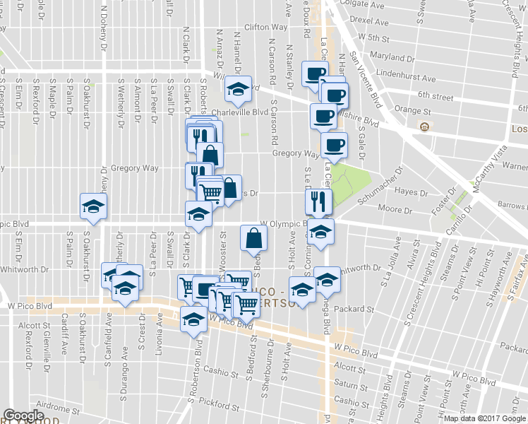 map of restaurants, bars, coffee shops, grocery stores, and more near 910 South Bedford Street in Los Angeles