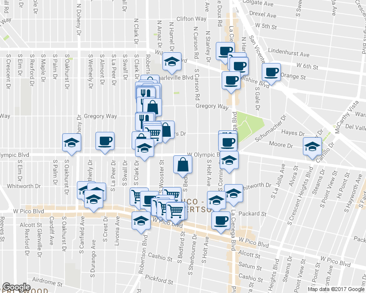 map of restaurants, bars, coffee shops, grocery stores, and more near 910 South Bedford Street in Los Angeles