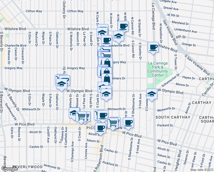 map of restaurants, bars, coffee shops, grocery stores, and more near 906 South Robertson Boulevard in Los Angeles