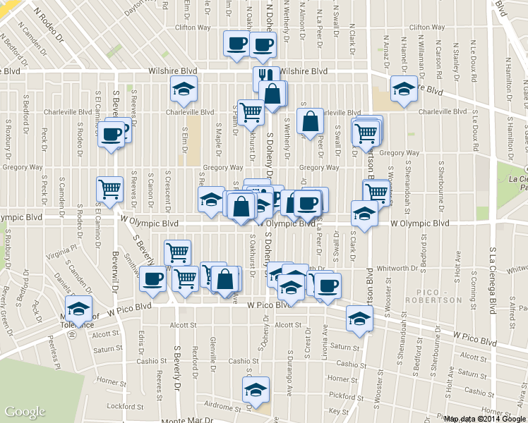 map of restaurants, bars, coffee shops, grocery stores, and more near 344 South Oakhurst Drive in Beverly Hills