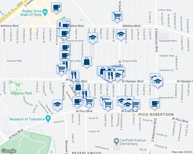 map of restaurants, bars, coffee shops, grocery stores, and more near 344 South Rexford Drive in Beverly Hills