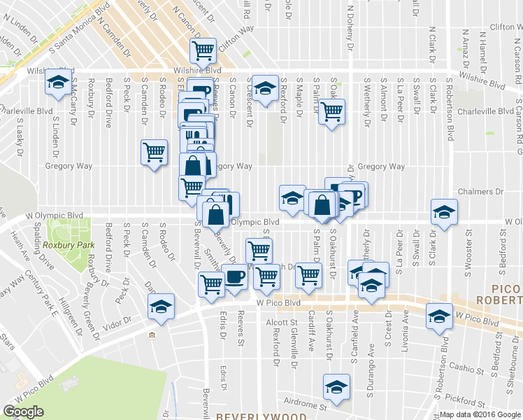 map of restaurants, bars, coffee shops, grocery stores, and more near 345 South Elm Drive in Beverly Hills