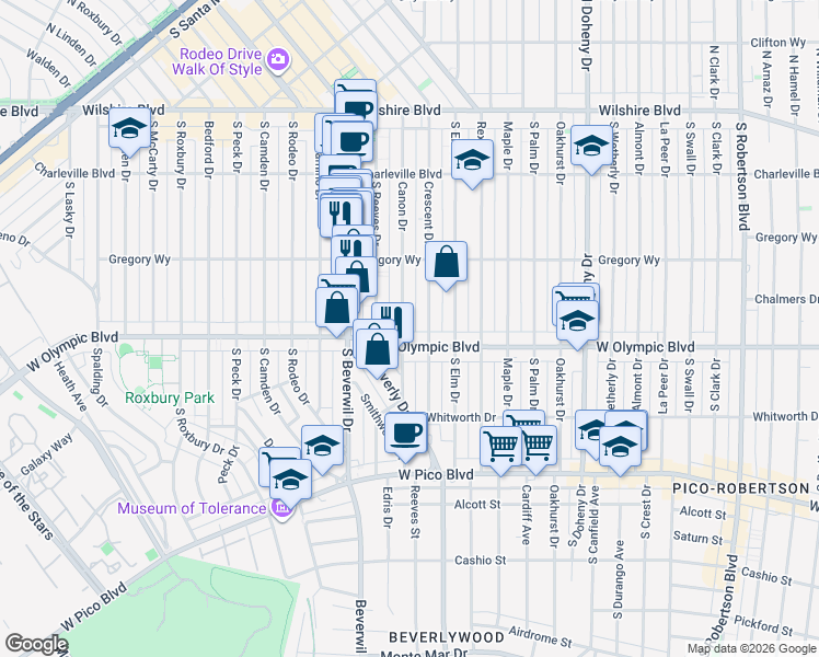 map of restaurants, bars, coffee shops, grocery stores, and more near 344 South Canon Drive in Beverly Hills