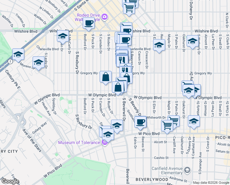 map of restaurants, bars, coffee shops, grocery stores, and more near 340 South Rodeo Drive in Beverly Hills