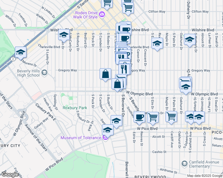 map of restaurants, bars, coffee shops, grocery stores, and more near 340 South Rodeo Drive in Beverly Hills