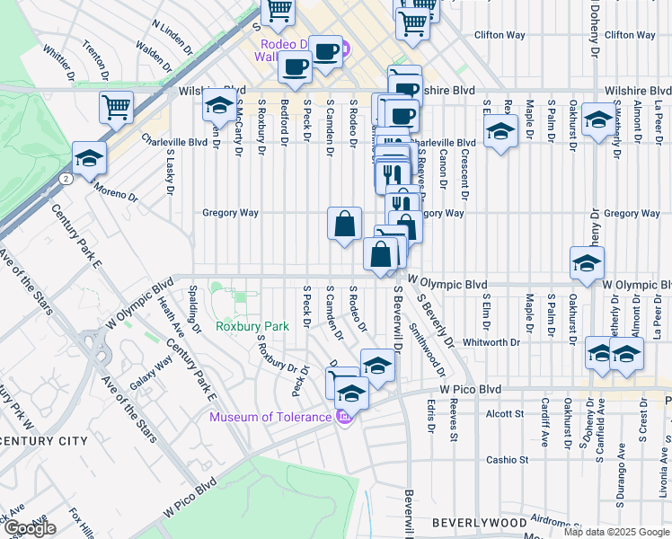 map of restaurants, bars, coffee shops, grocery stores, and more near 341 South Camden Drive in Beverly Hills
