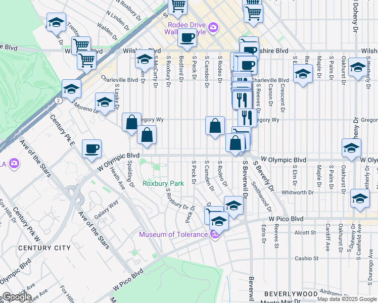 map of restaurants, bars, coffee shops, grocery stores, and more near 340 South Bedford Drive in Beverly Hills