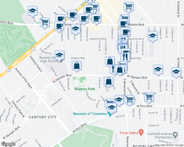 map of restaurants, bars, coffee shops, grocery stores, and more near 340 South Roxbury Drive in Beverly Hills