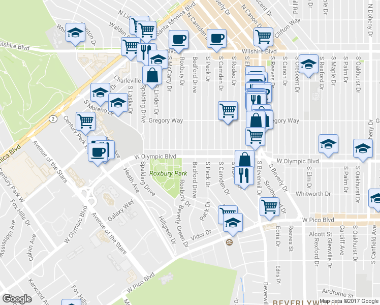 map of restaurants, bars, coffee shops, grocery stores, and more near 340 South Roxbury Drive in Beverly Hills