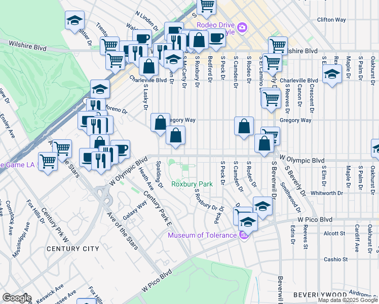 map of restaurants, bars, coffee shops, grocery stores, and more near 341 South McCarty Drive in Beverly Hills