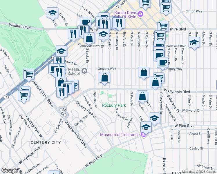 map of restaurants, bars, coffee shops, grocery stores, and more near 341 South McCarty Drive in Beverly Hills