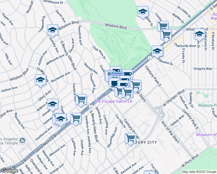 map of restaurants, bars, coffee shops, grocery stores, and more near 10225 Santa Monica Boulevard in Los Angeles