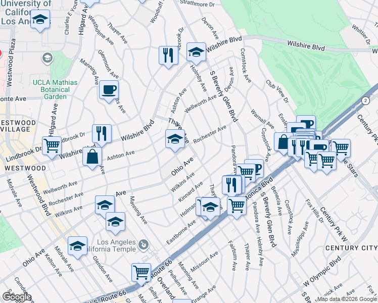 map of restaurants, bars, coffee shops, grocery stores, and more near 10490 Rochester Avenue in Los Angeles