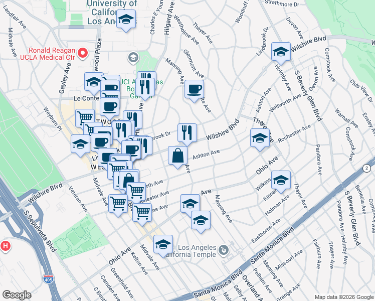 map of restaurants, bars, coffee shops, grocery stores, and more near 10724 Wilshire Boulevard in Los Angeles