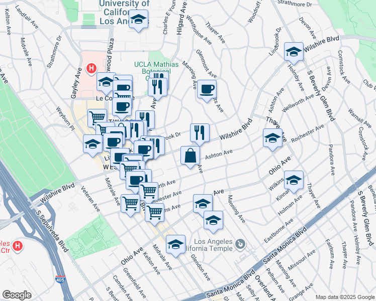 map of restaurants, bars, coffee shops, grocery stores, and more near 10763 Wilshire Boulevard in Los Angeles