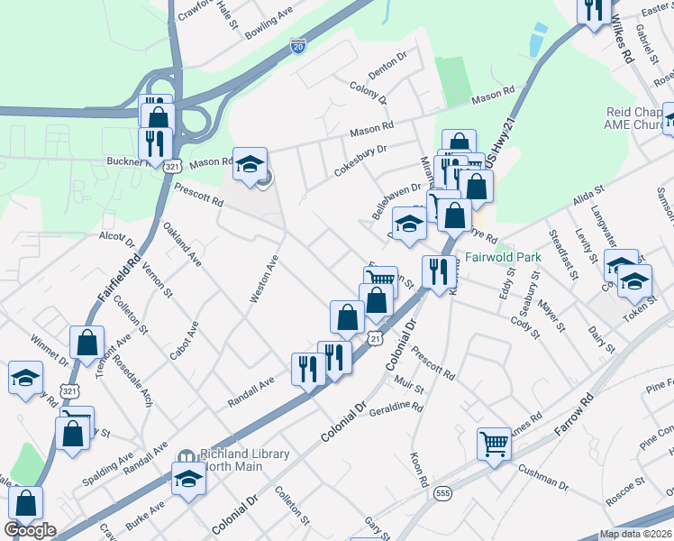 map of restaurants, bars, coffee shops, grocery stores, and more near 968 Prescott Road in Columbia