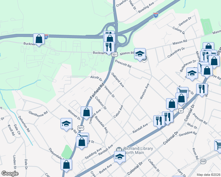 map of restaurants, bars, coffee shops, grocery stores, and more near 5600 Fairfield Road in Columbia