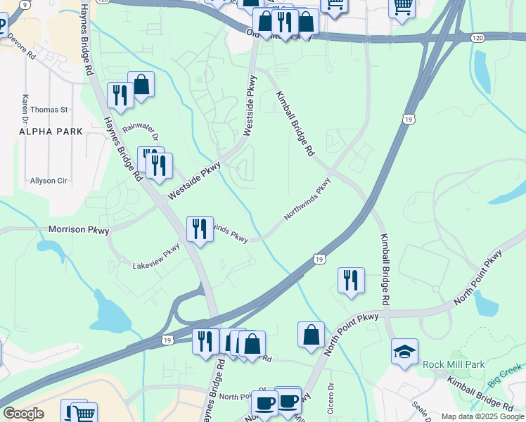 map of restaurants, bars, coffee shops, grocery stores, and more near 2550 Northwinds Parkway in Alpharetta