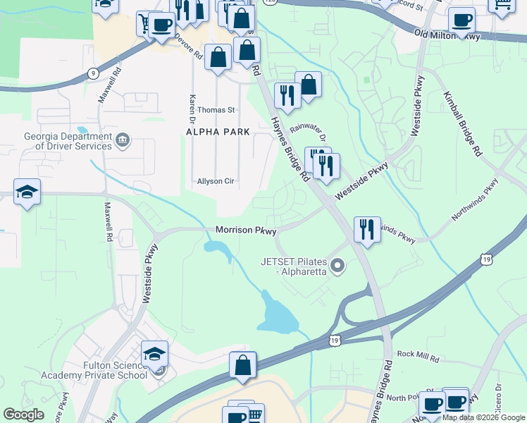 map of restaurants, bars, coffee shops, grocery stores, and more near 11500 Haynes Bridge Road in Alpharetta