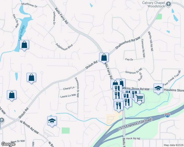 map of restaurants, bars, coffee shops, grocery stores, and more near 448 Laurian Way Northwest in Kennesaw