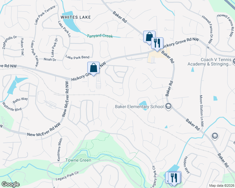 map of restaurants, bars, coffee shops, grocery stores, and more near 4450 High Gate Drive Northwest in Acworth