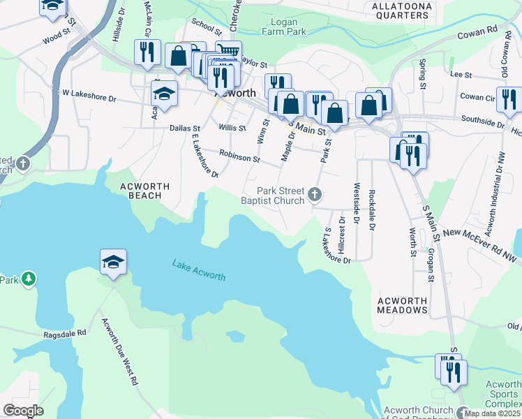 map of restaurants, bars, coffee shops, grocery stores, and more near 4266 Lakeview Street in Acworth