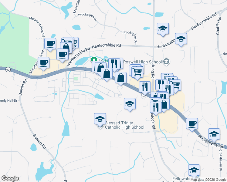 map of restaurants, bars, coffee shops, grocery stores, and more near 2602 Waters Edge Trail in Roswell