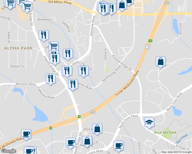 map of restaurants, bars, coffee shops, grocery stores, and more near 2550 Northwinds Parkway in Alpharetta