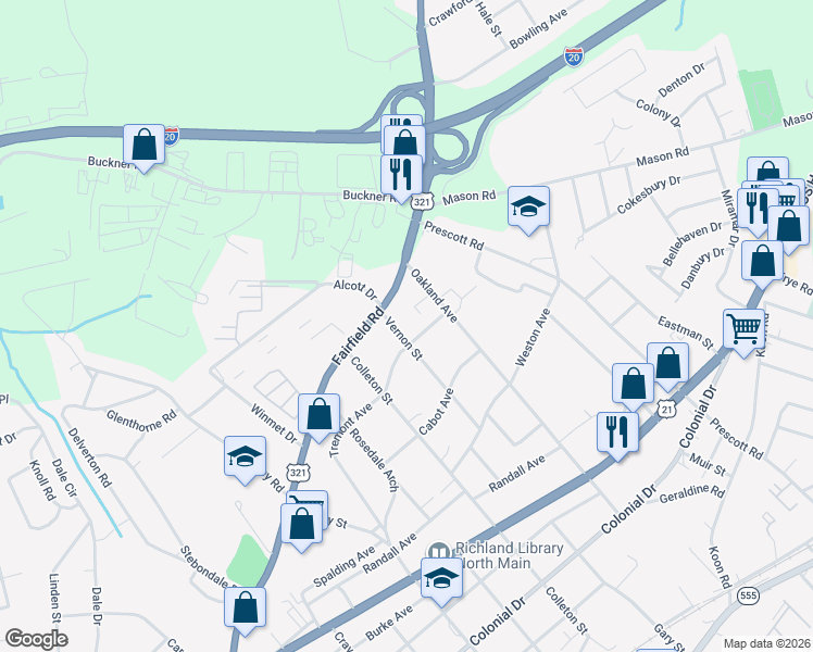 map of restaurants, bars, coffee shops, grocery stores, and more near 5600 Fairfield Road in Columbia