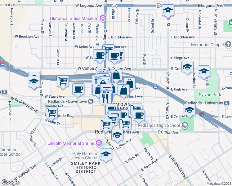 map of restaurants, bars, coffee shops, grocery stores, and more near 522 Orange Street in Redlands