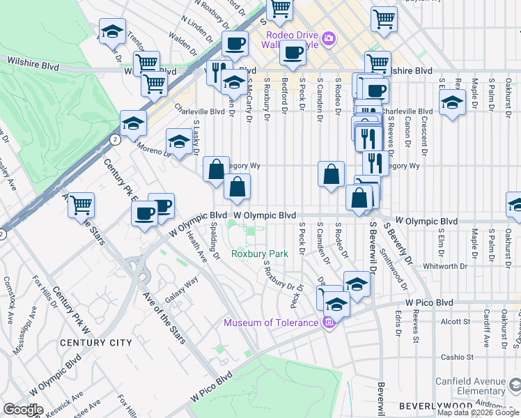 map of restaurants, bars, coffee shops, grocery stores, and more near 340 South Roxbury Drive in Beverly Hills