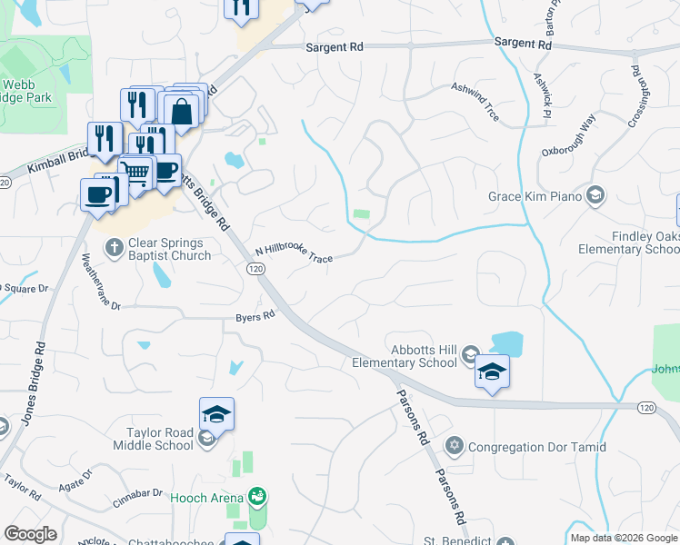map of restaurants, bars, coffee shops, grocery stores, and more near 5340 North Hillbrooke Trace in Alpharetta