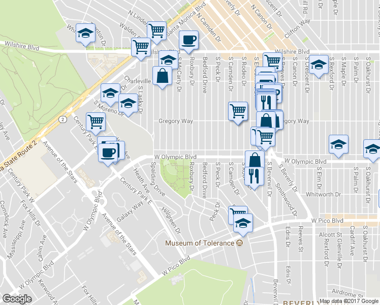 map of restaurants, bars, coffee shops, grocery stores, and more near 9667 West Olympic Boulevard in Beverly Hills