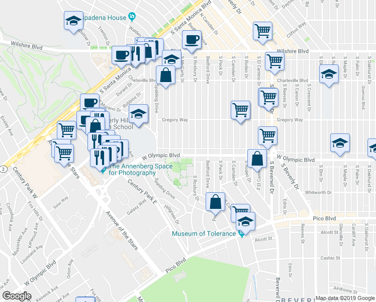map of restaurants, bars, coffee shops, grocery stores, and more near 9683 West Olympic Boulevard in Beverly Hills
