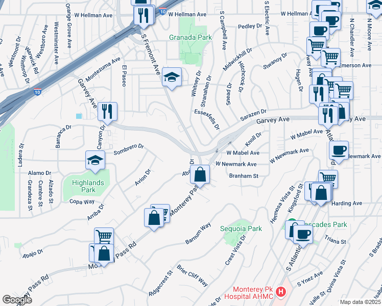 map of restaurants, bars, coffee shops, grocery stores, and more near 1001 Abajo Drive in Monterey Park