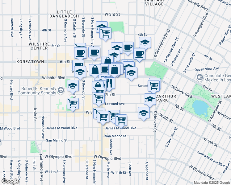map of restaurants, bars, coffee shops, grocery stores, and more near 3041 West 7th Street in Los Angeles