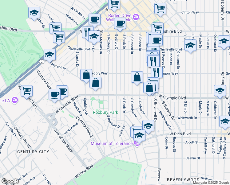 map of restaurants, bars, coffee shops, grocery stores, and more near 340 South Roxbury Drive in Beverly Hills