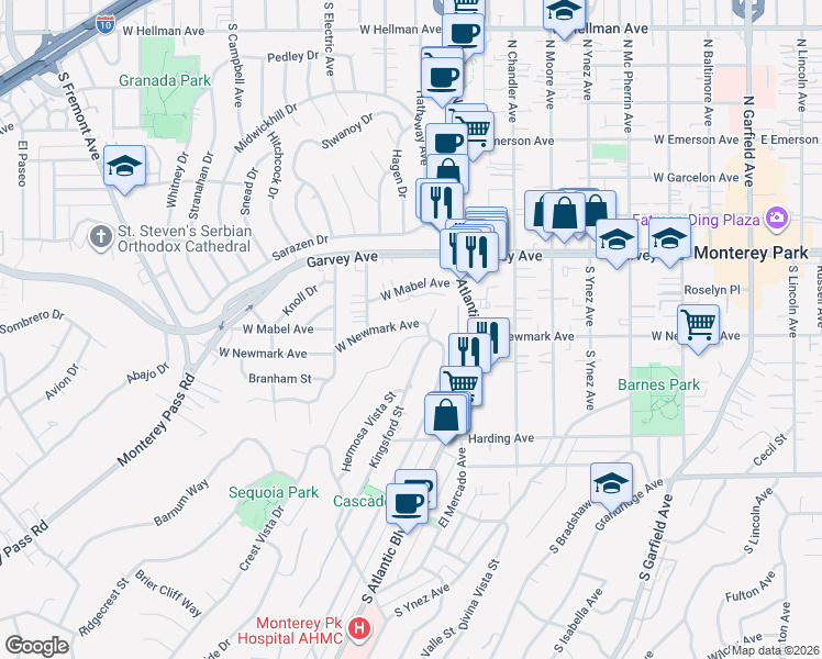 map of restaurants, bars, coffee shops, grocery stores, and more near 311 Montechico Drive in Monterey Park