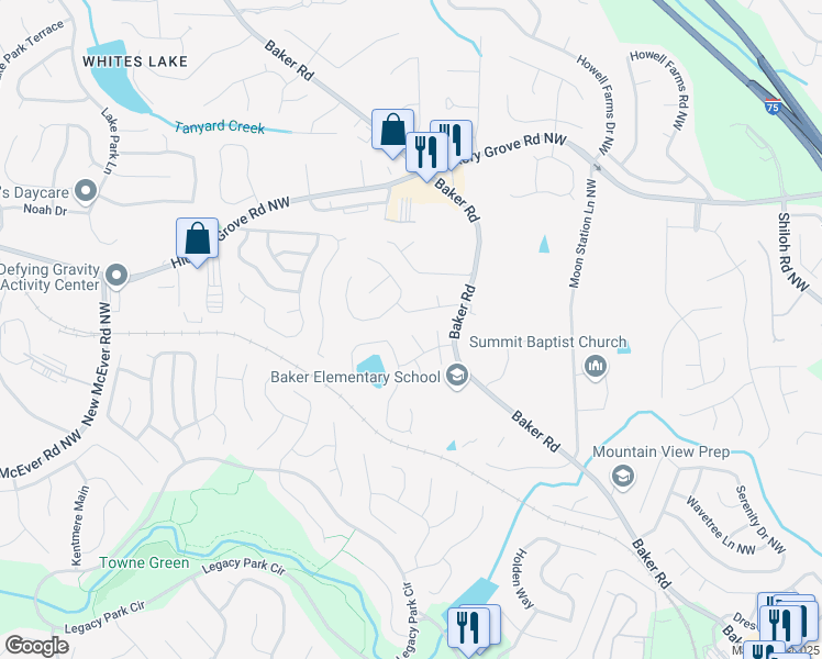 map of restaurants, bars, coffee shops, grocery stores, and more near 4458 Lockett Trce in Acworth