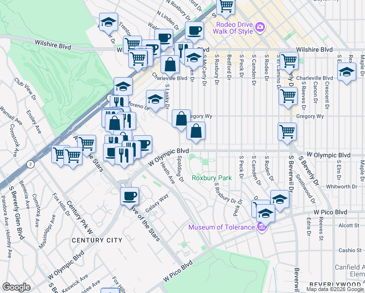 map of restaurants, bars, coffee shops, grocery stores, and more near 340 South Spalding Drive in Beverly Hills